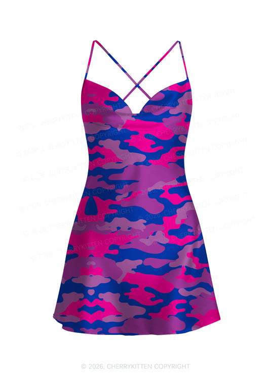 Bisexual Camouflage Pride Y2K Print Satin Cowl Neck Slip Dress Cherrykitten