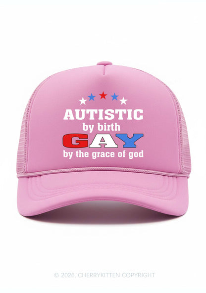 Autistic By Birth Gay Pride Y2K Trucker Hat Cherrykitten
