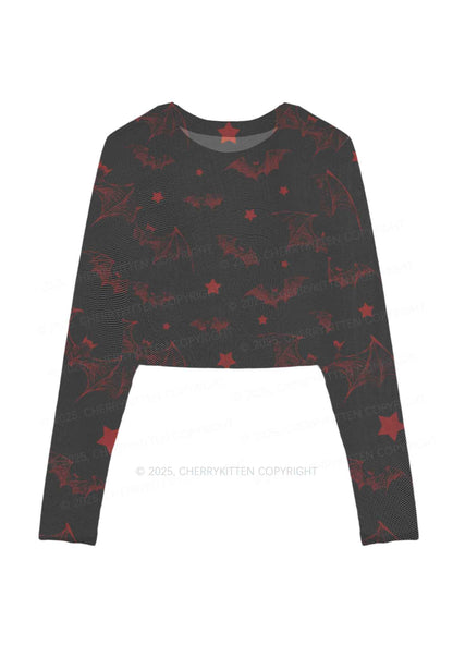 Bat And Star Y2K Mesh Long Sleeve Crop Top Cherrykitten