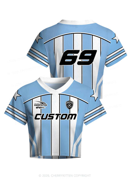 Custom Blue White Stripes Y2K Crop Football Jersey Shirts Cherrykitten