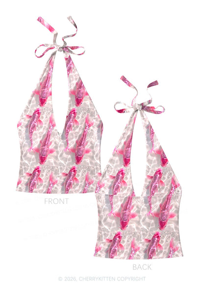 Pink Carp Water Ripple Y2K Print Halter Deep V Neck Cami Cherrykitten