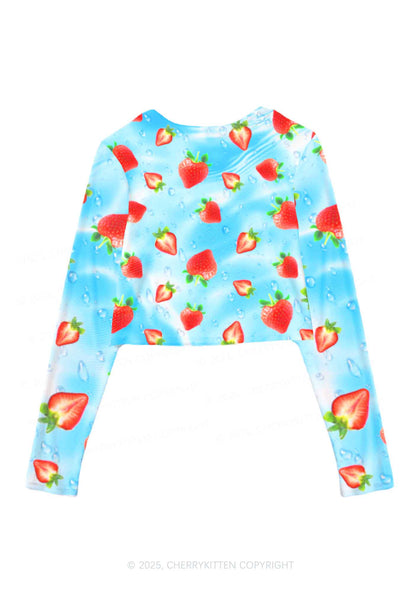 Blue Strawberry Y2K Mesh Long Sleeve Crop Top Cherrykitten