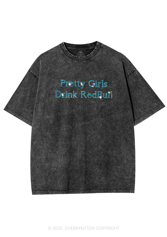 Rhinestone Pretty Girls Drink Redbull Y2K Shirts Washed Tee Cherrykitten