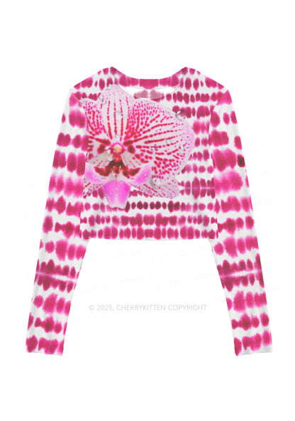 Pink Orchid Dewdrops Y2K Mesh Long Sleeve Crop Top Cherrykitten