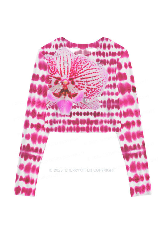 Pink Orchid Dewdrops Y2K Mesh Long Sleeve Crop Top Cherrykitten