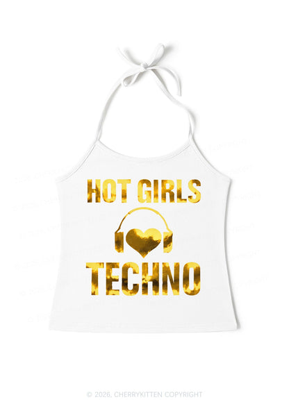 Hot Girls Love Techno Silver Foil Printed Y2K Halter Neck Cami Cherrykitten