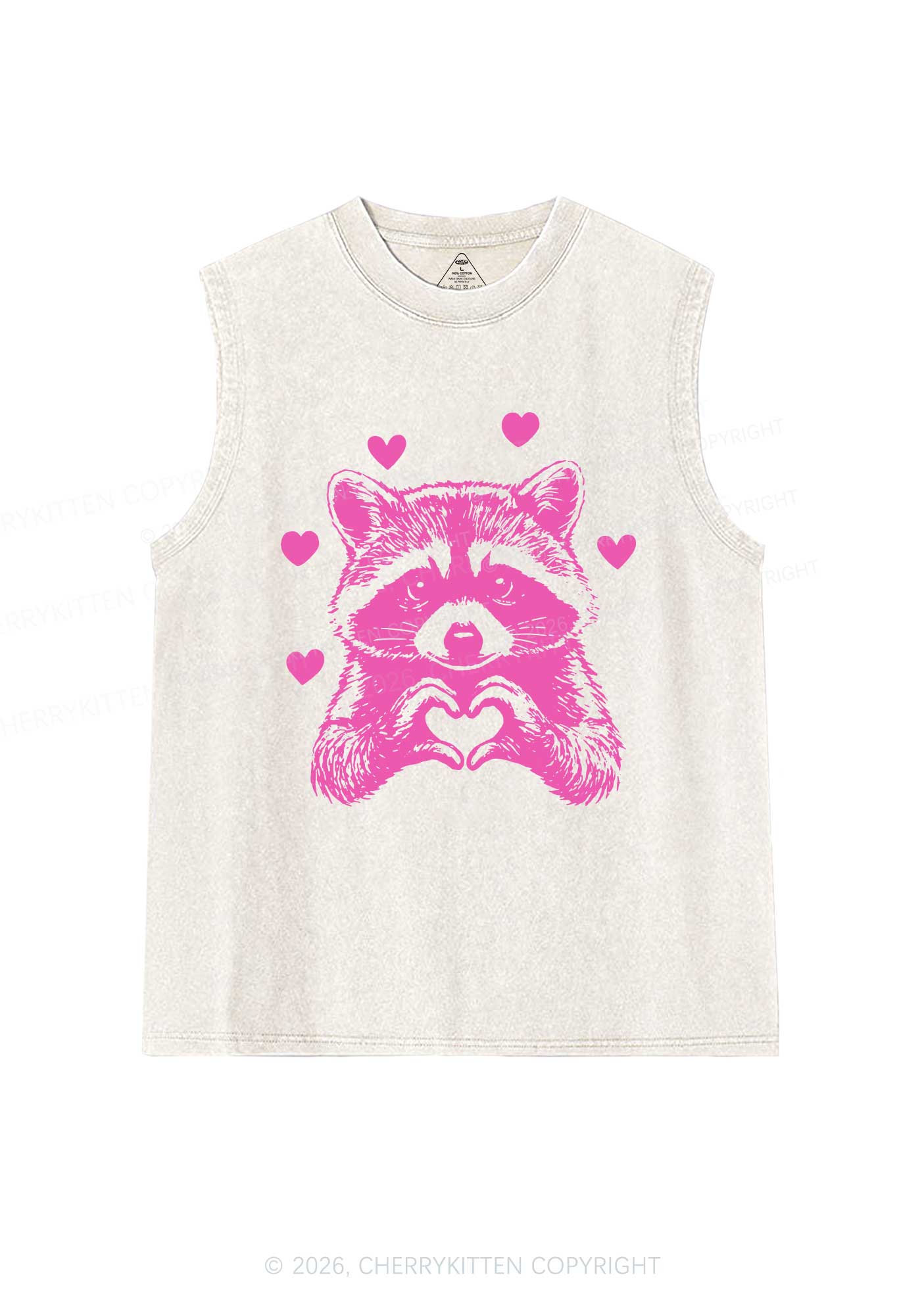 Pink Raccoon Heart Valentine's Day Y2K Washed Muscle Tank Cherrykitten