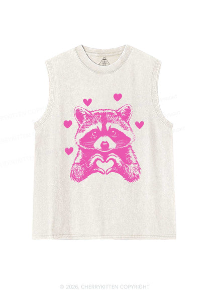 Pink Raccoon Heart Valentine's Day Y2K Washed Muscle Tank Cherrykitten