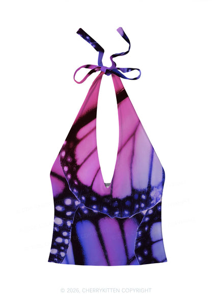 Bisexual Butterfly Wing Pride Y2K Print Halter Deep V Neck Cami Cherrykitten