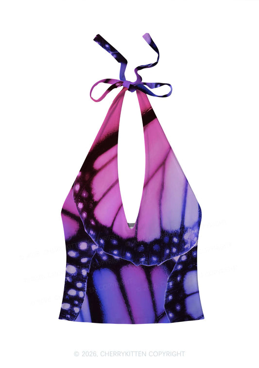 Bisexual Butterfly Wing Pride Y2K Print Halter Deep V Neck Cami Cherrykitten