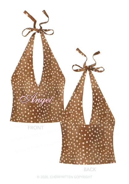 Angel Deer Spots Y2K Print Halter Deep V Neck Cami Cherrykitten