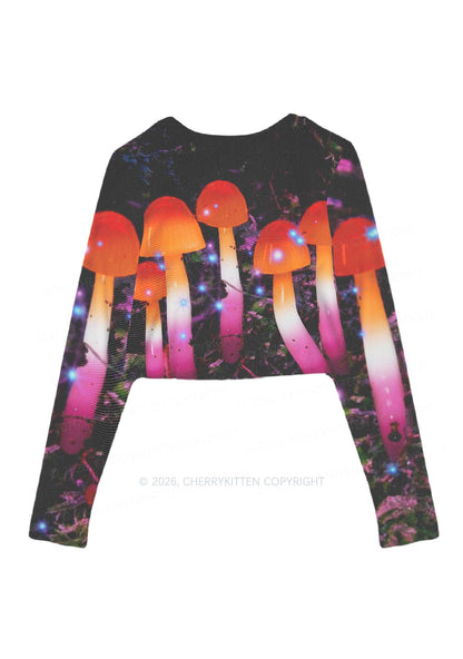 Lesbian Glowing Mushroom Pride Y2K Mesh Long Sleeve Crop Top Cherrykitten