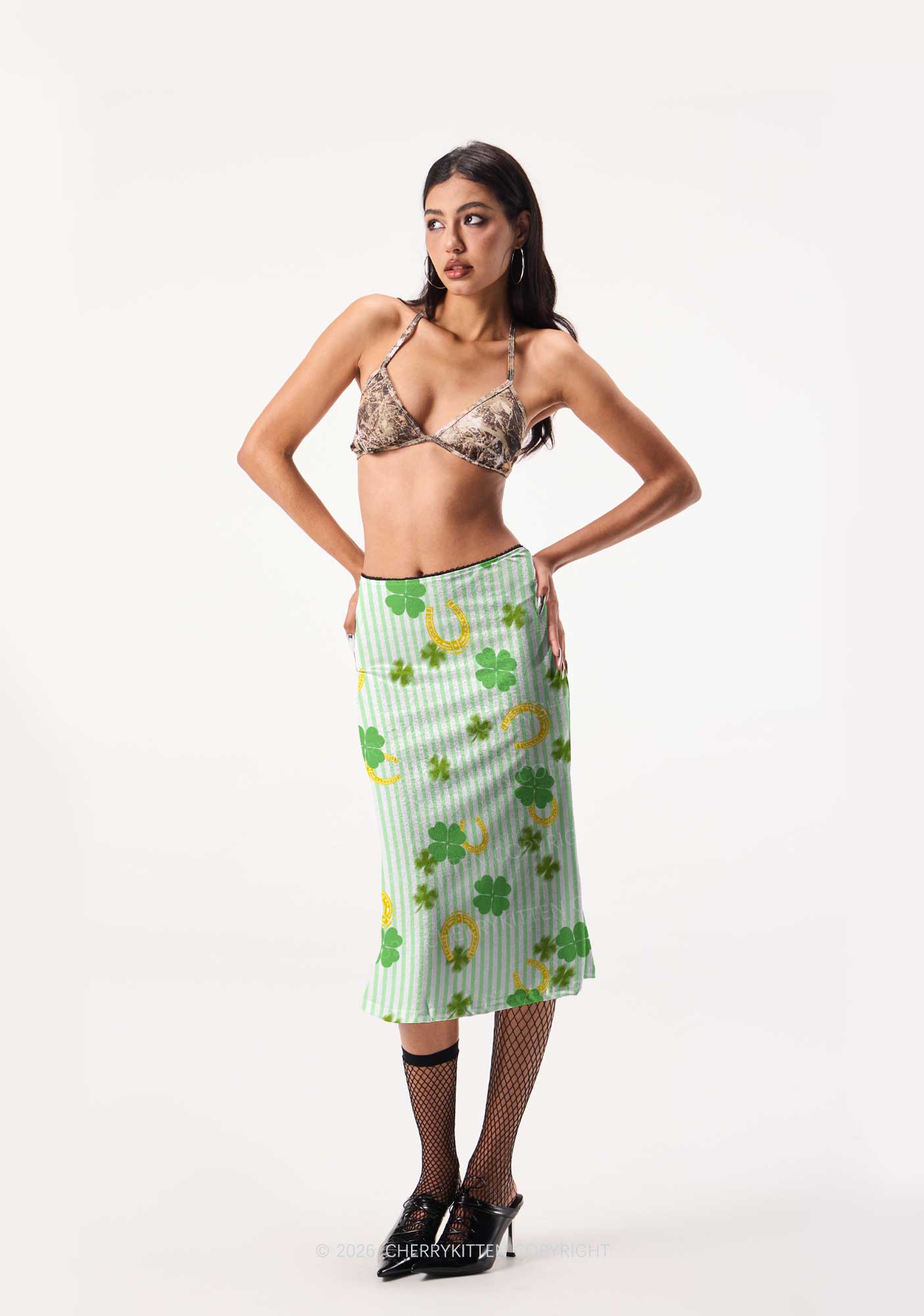Green Stripe Clover Horseshoe St Patricks Y2K Print Midi Skirt Cherrykitten