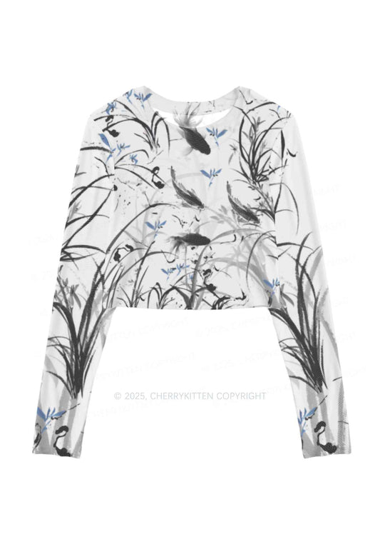 Ink Carp Y2K Mesh Long Sleeve Crop Top Cherrykitten