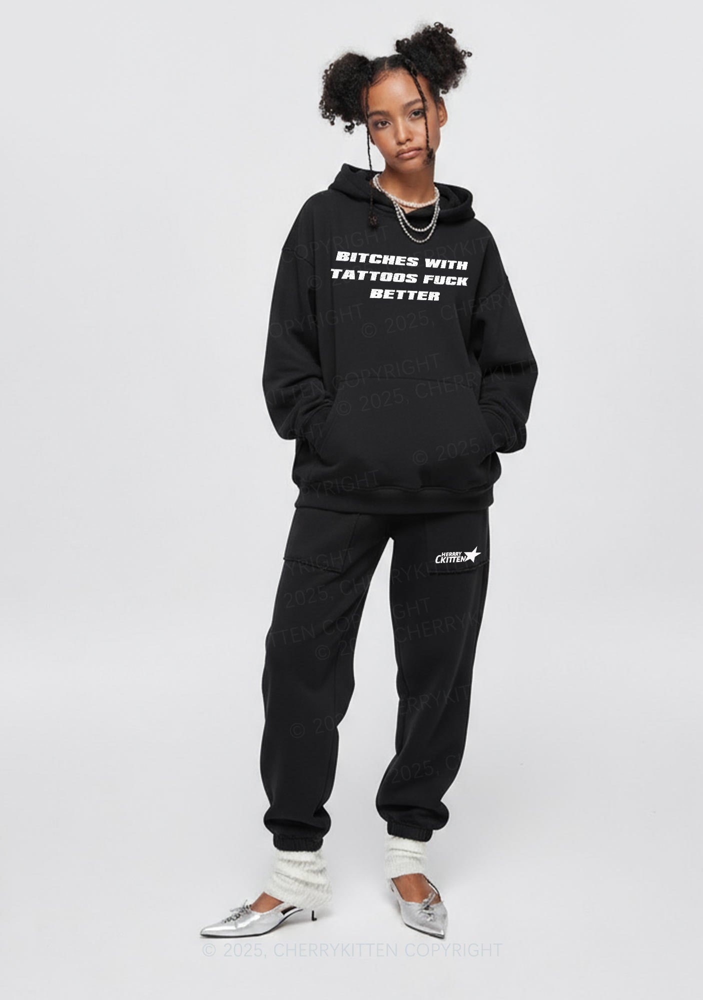 Bxxches With Tattoos Fxxk Better Y2K Fleece Hoodie Set Cherrykitten