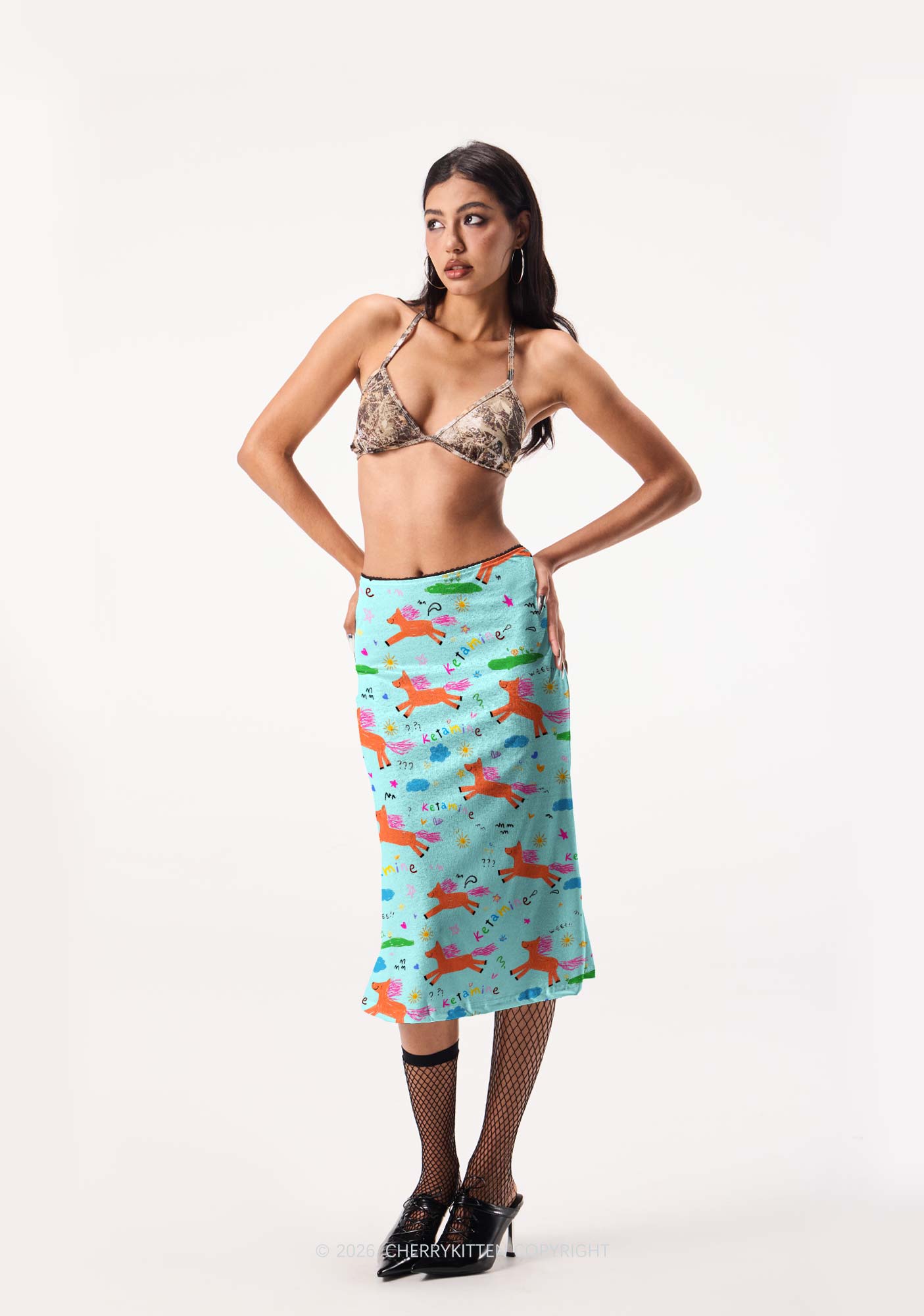 Orange Pony On Mint Green Y2K Print Midi Skirt Cherrykitten