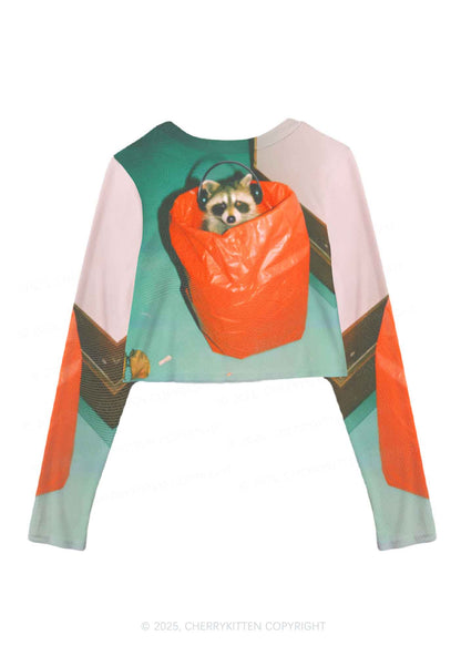Raccoon With Headphones Y2K Mesh Long Sleeve Crop Top Cherrykitten