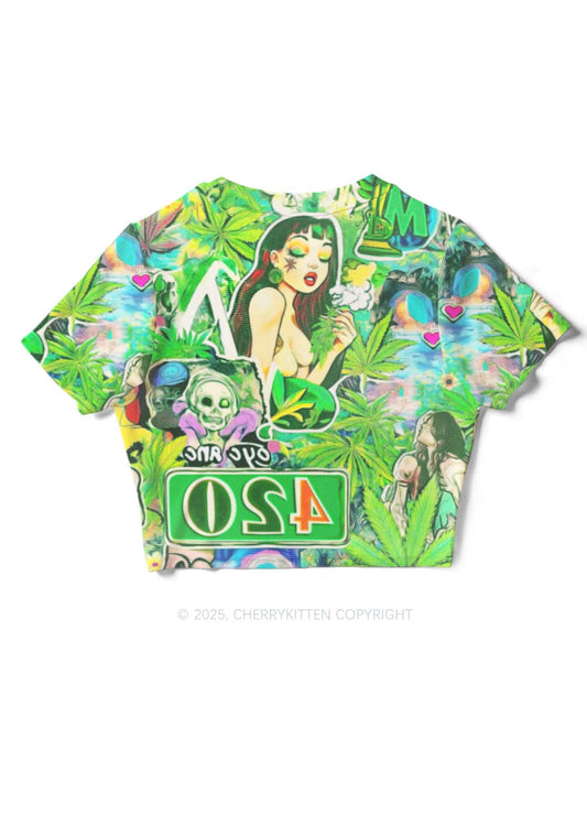 Smoking Girl Y2K Mesh Crop Top Cherrykitten
