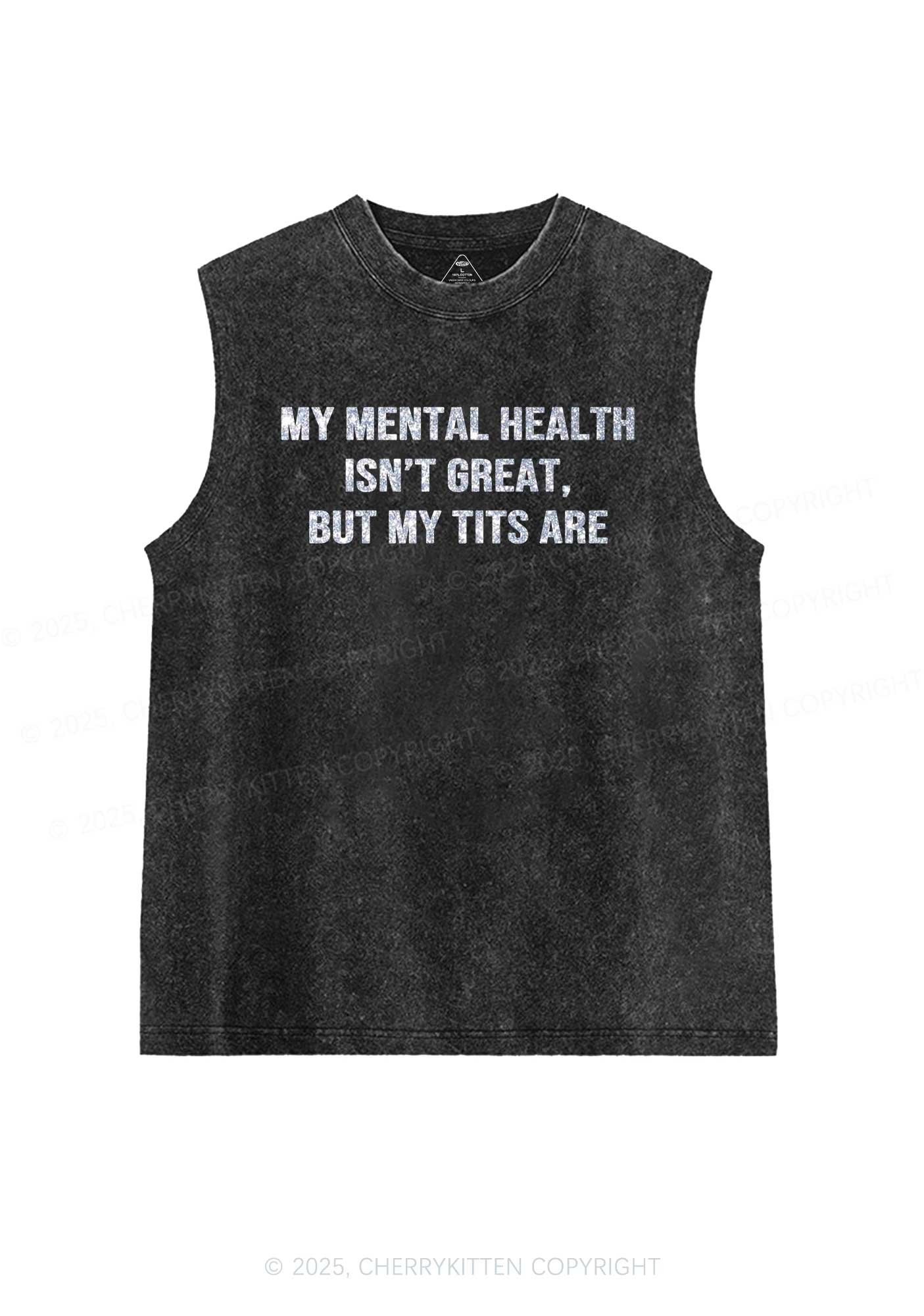 Glitter My Mental Health Isnt Great Y2K Washed Muscle Tank Cherrykitten