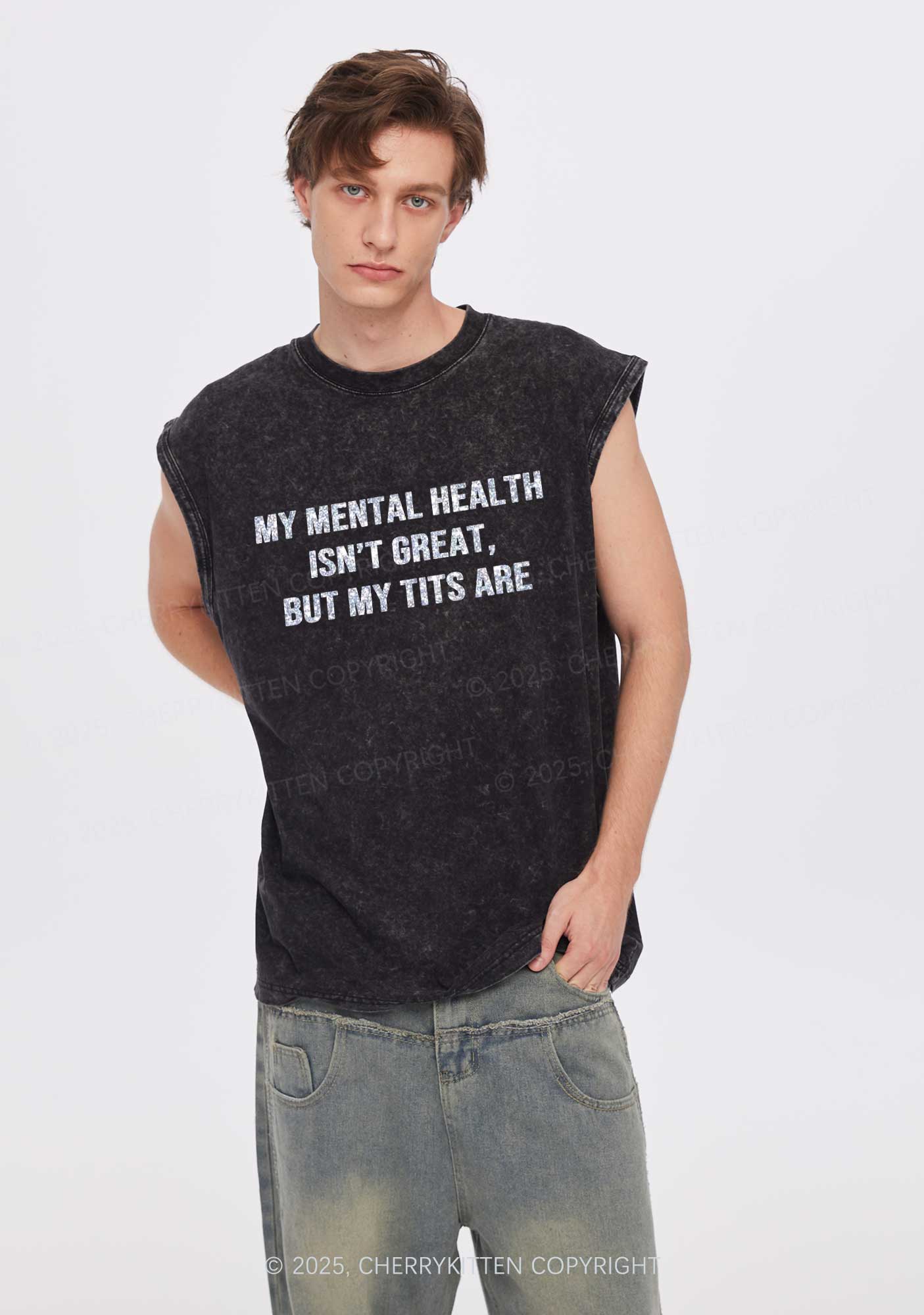 Glitter My Mental Health Isnt Great Y2K Washed Muscle Tank Cherrykitten