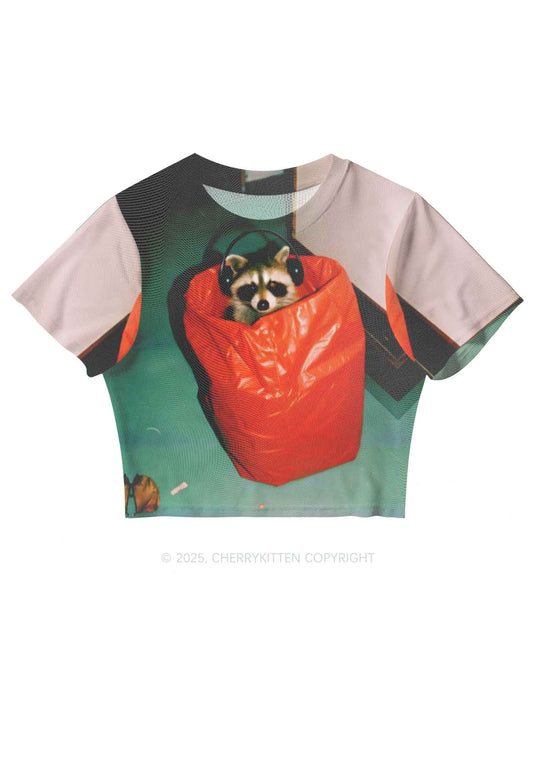 Raccoon With Headphones Y2K Mesh Crop Top Cherrykitten