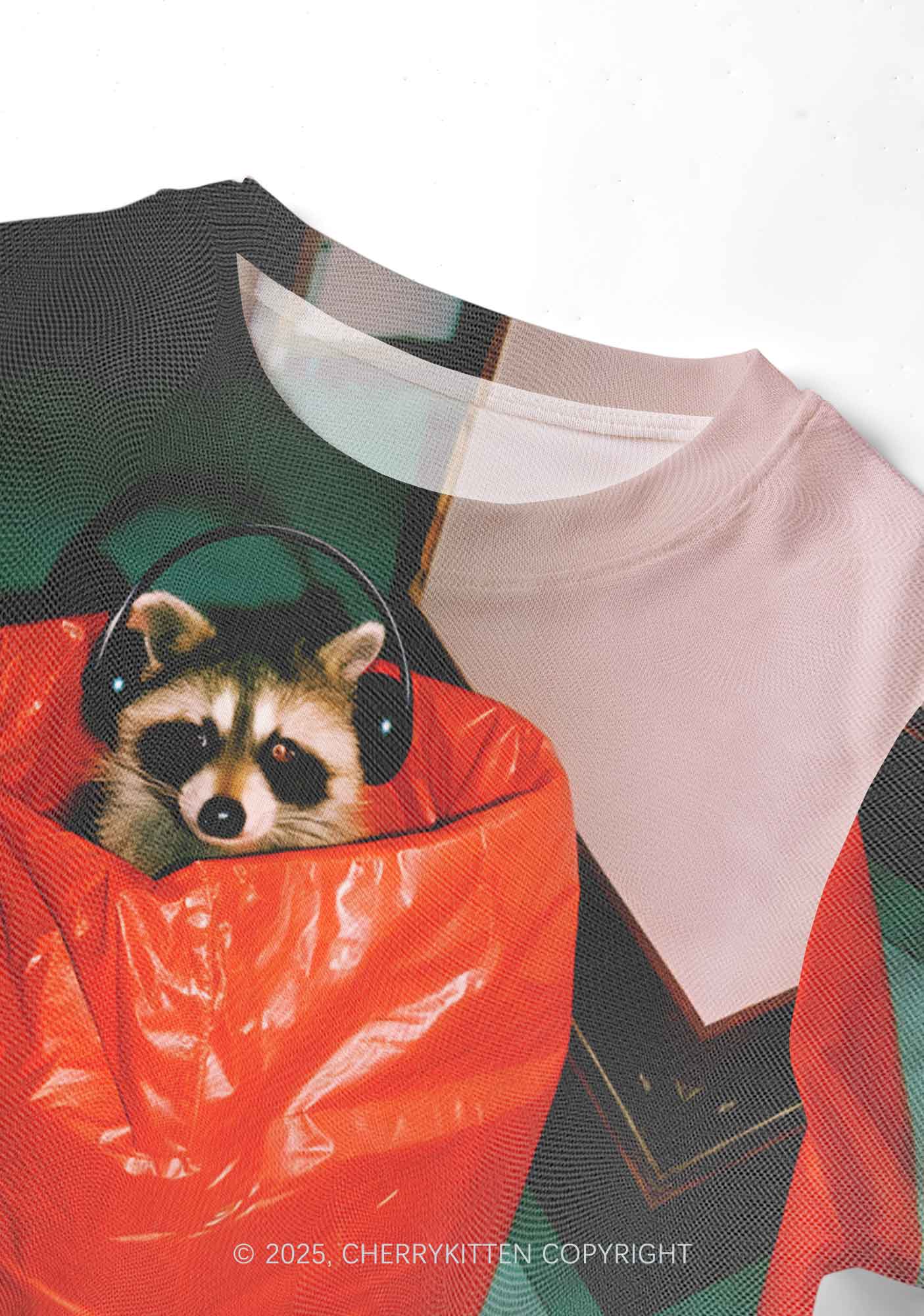 Raccoon With Headphones Y2K Mesh Crop Top Cherrykitten