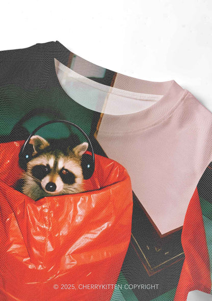 Raccoon With Headphones Y2K Mesh Crop Top Cherrykitten