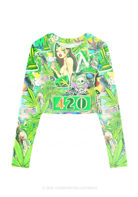 Smoking Girl Y2K Mesh Long Sleeve Crop Top Cherrykitten