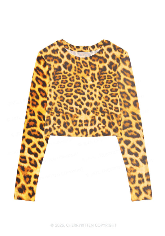 Brown Leopard Y2K Mesh Long Sleeve Crop Top Cherrykitten