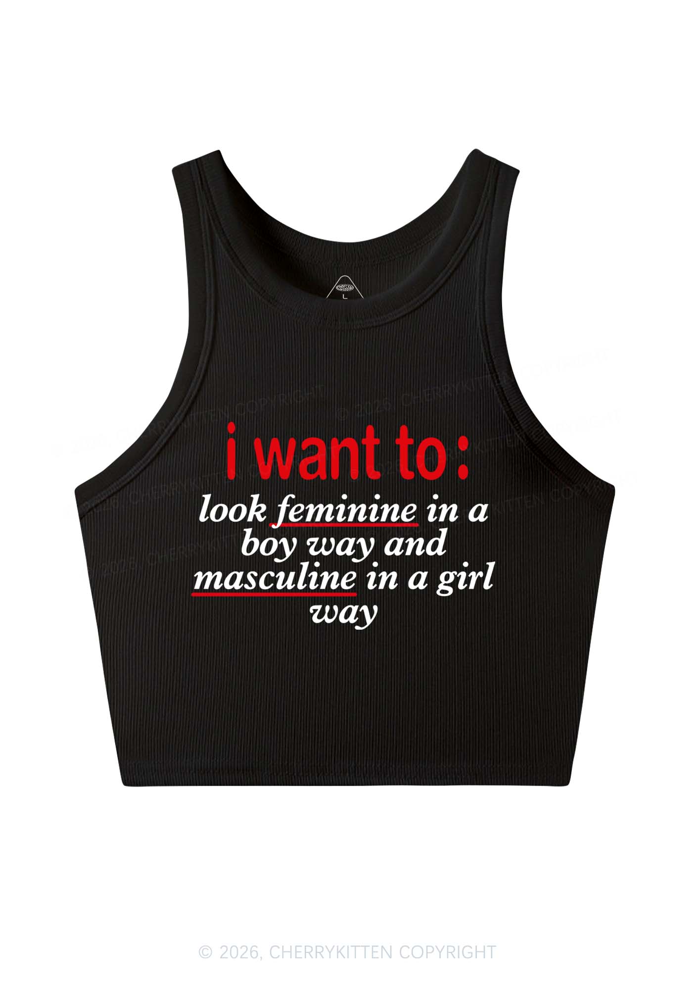 I Want To Feminine Masculine Pride Y2K Crop Tank Top Cherrykitten