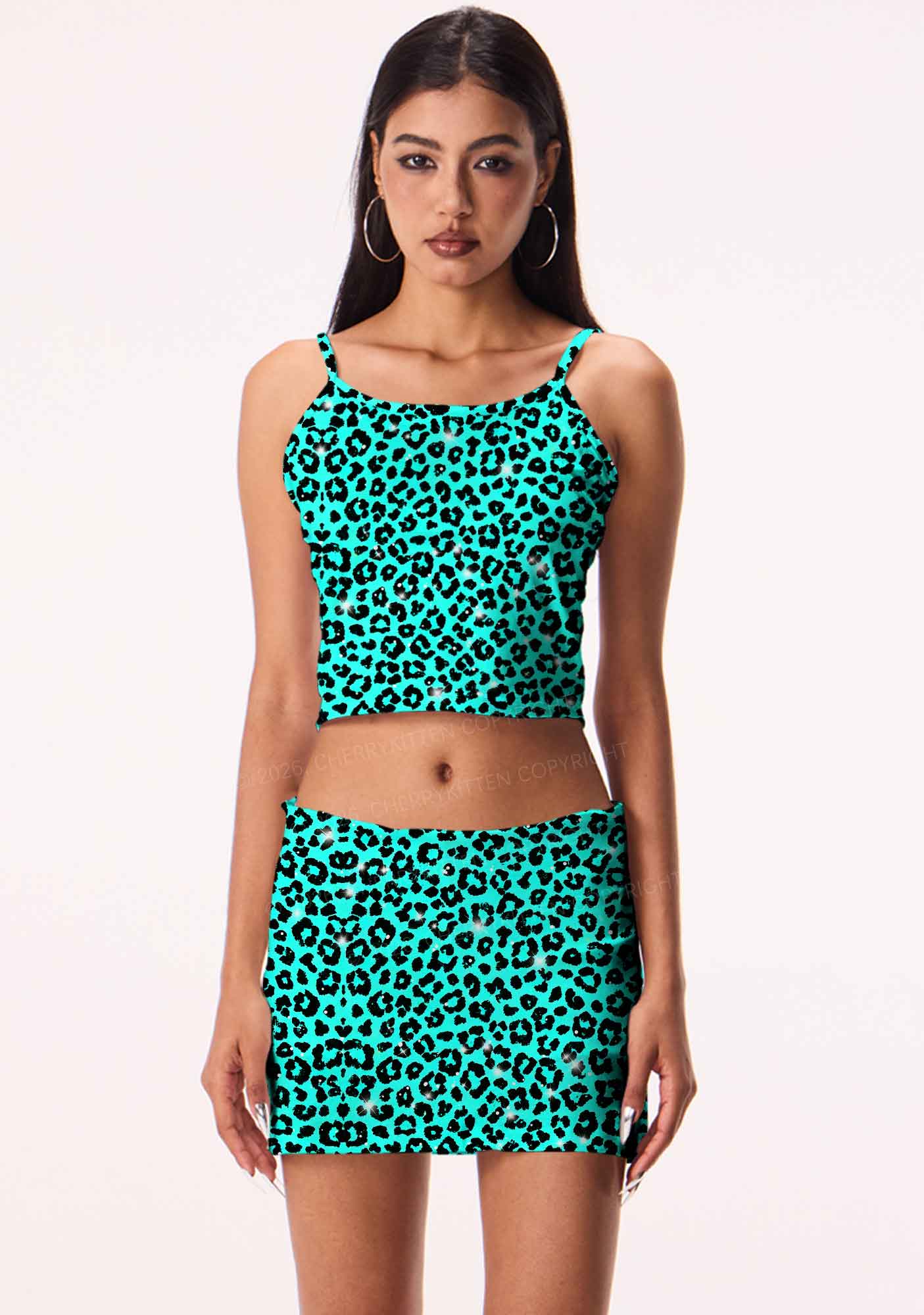 Turquoise Green Leopard Y2K Print Mini Skirt Cherrykitten