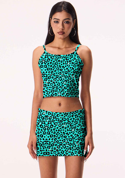Turquoise Green Leopard Y2K Print Mini Skirt Cherrykitten