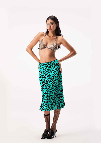 Turquoise Green Leopard Y2K Print Midi Skirt Cherrykitten