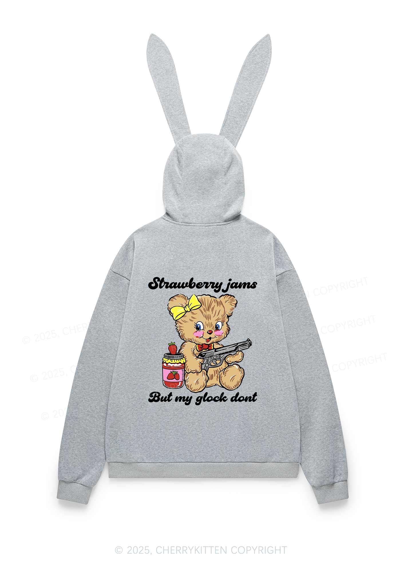 Strawberry Jams Bear Y2K Bunny Ear Zip Hoodie Cherrykitten