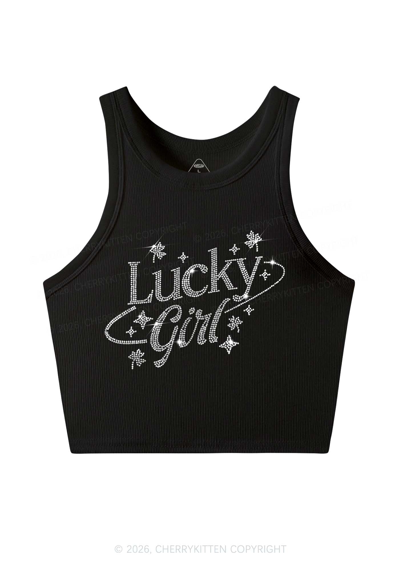 Rhinestone Lucky Girl St Patricks Y2K Crop Tank Top Cherrykitten