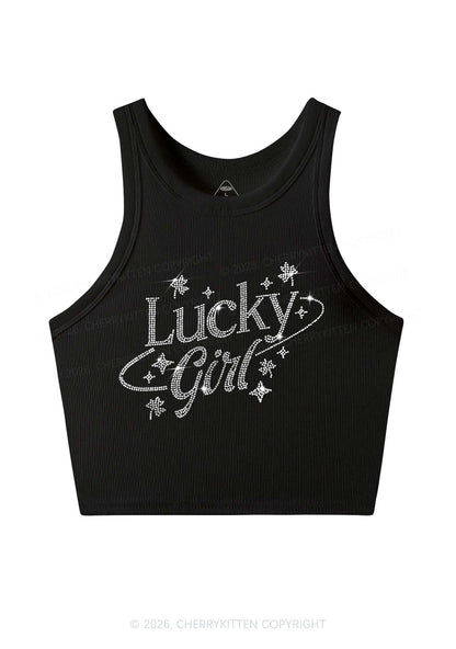 Rhinestone Lucky Girl St Patricks Y2K Crop Tank Top Cherrykitten