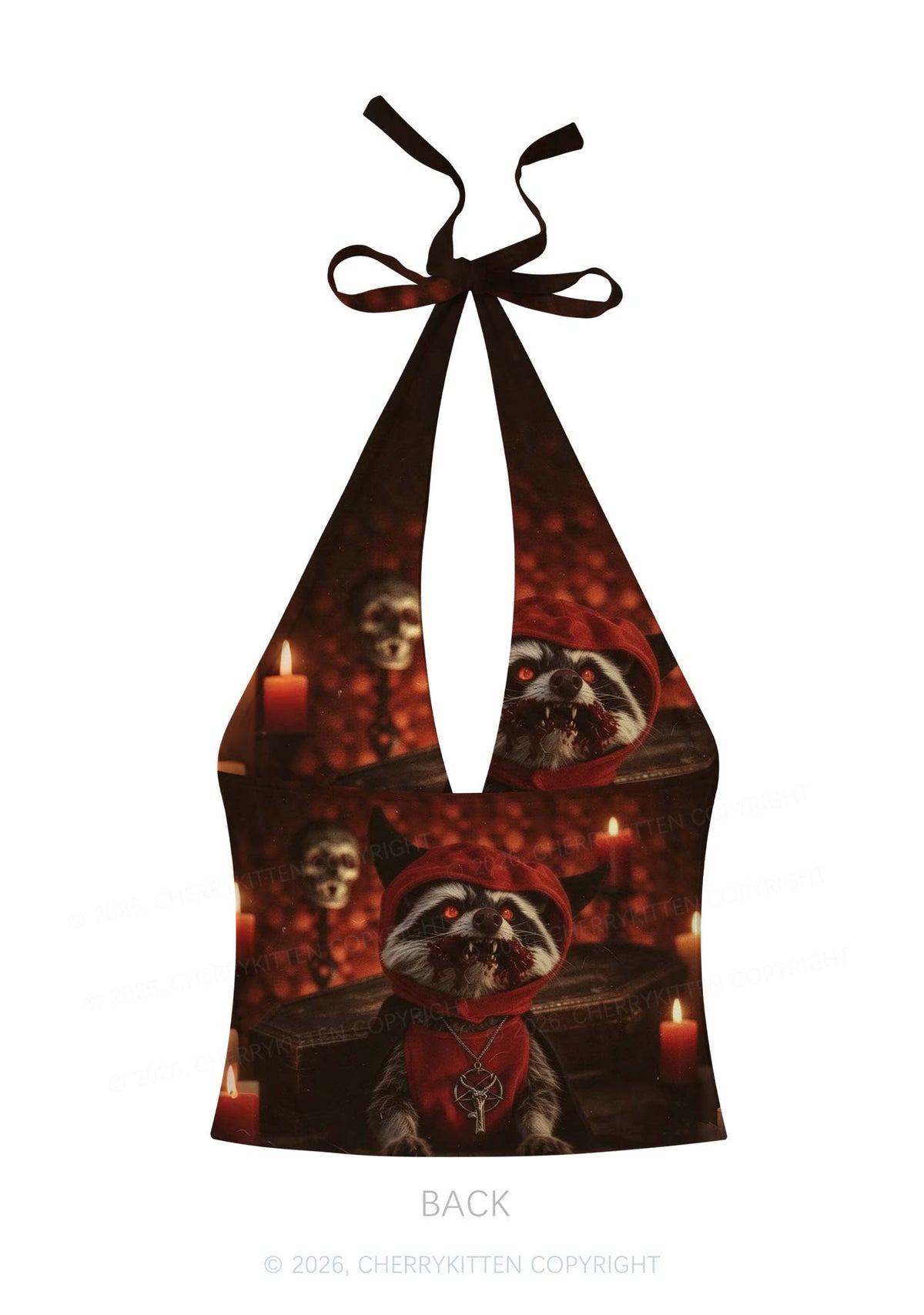 Halloween Vampire Raccoon Y2K Print Halter Deep V Neck Cami Cherrykitten