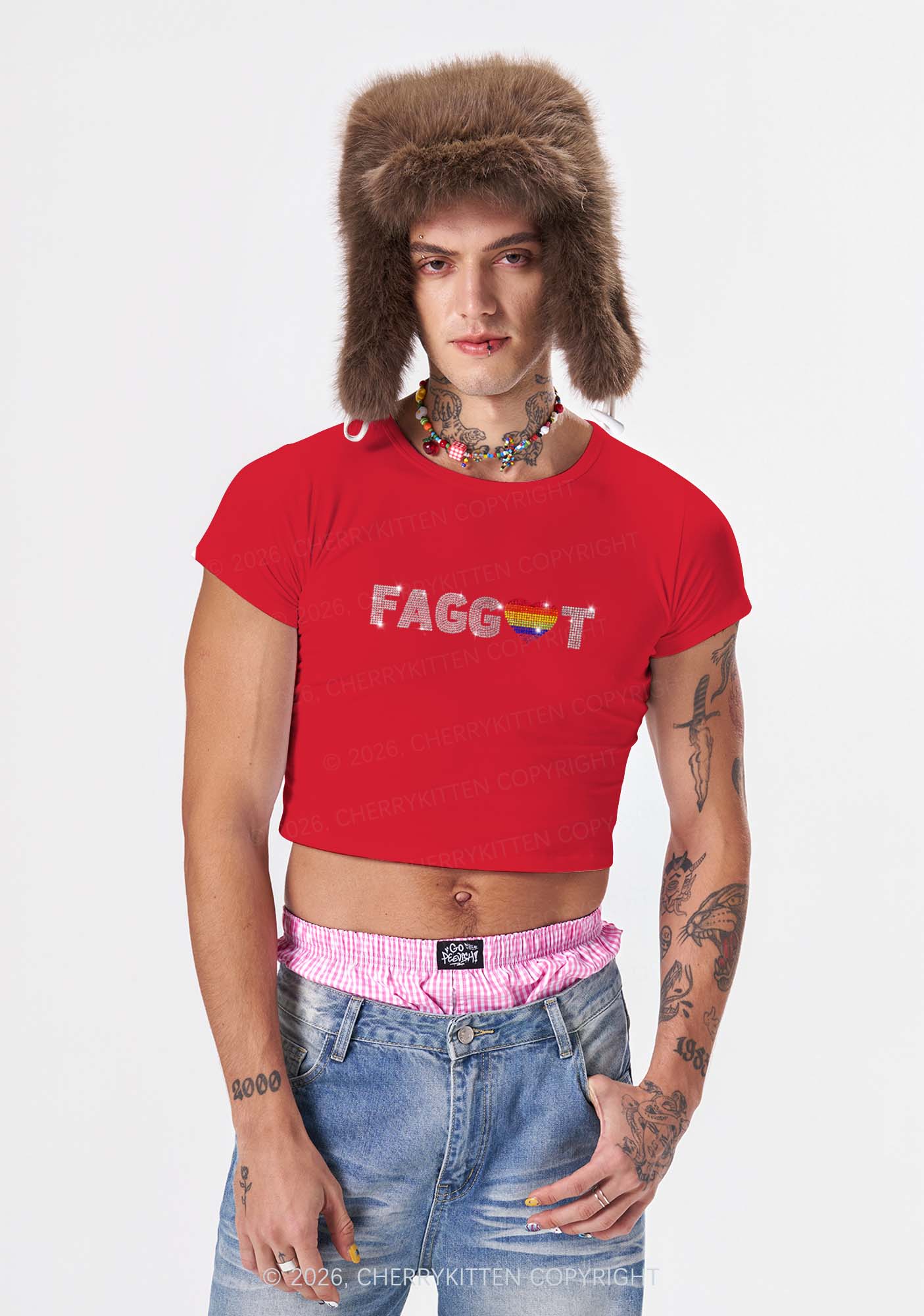 Rhinestone Rainbow Heart Faggot Pride Y2K Baby Tee Cherrykitten