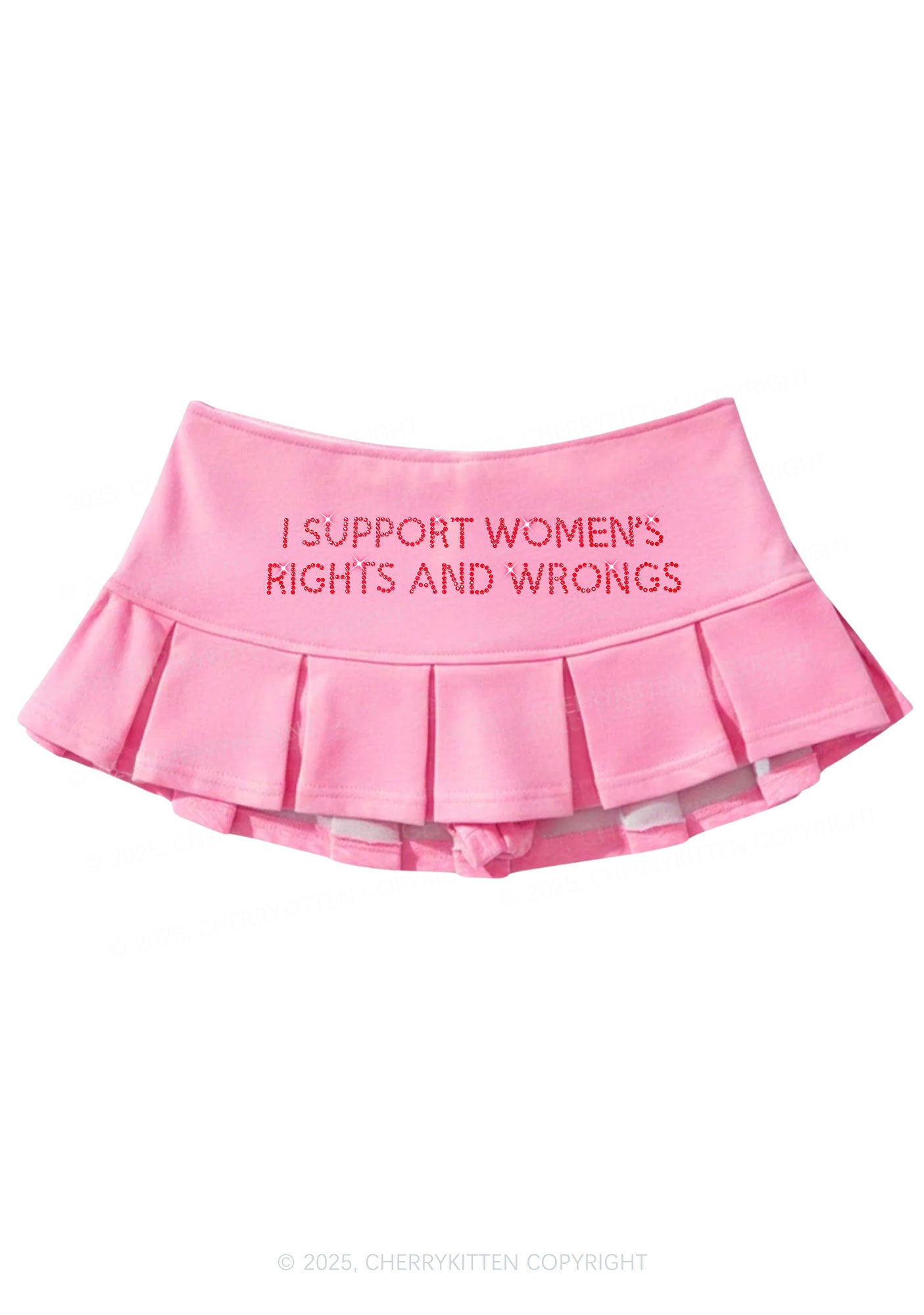 Rhinestone I Support Women Y2K Mini Pleated Skirts Cherrykitten