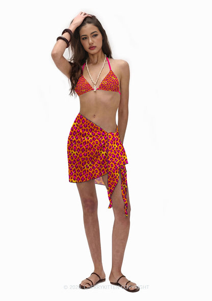 Orange Hot Pink Leopard Y2K Print Bikini Set Cherrykitten