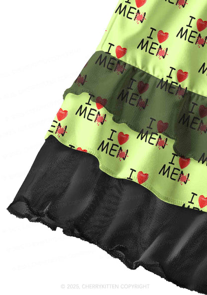 Love Me Not Men Green Y2K Print Mini Layered Skirt Cherrykitten