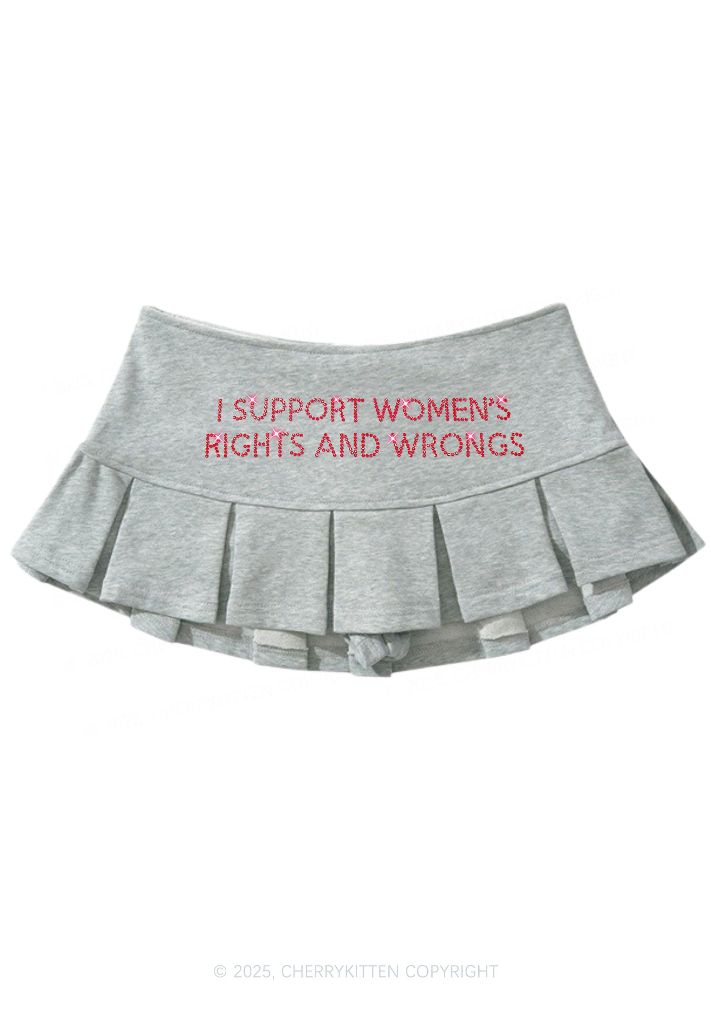 Rhinestone I Support Women Y2K Mini Pleated Skirts Cherrykitten