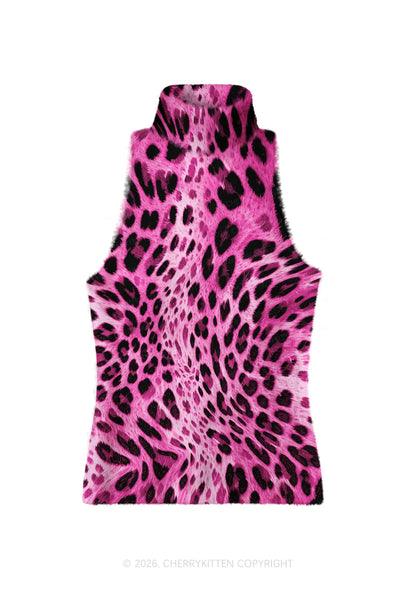 Hot Pink Black Leopard Y2K Knit Turtleneck Tank Top Cherrykitten