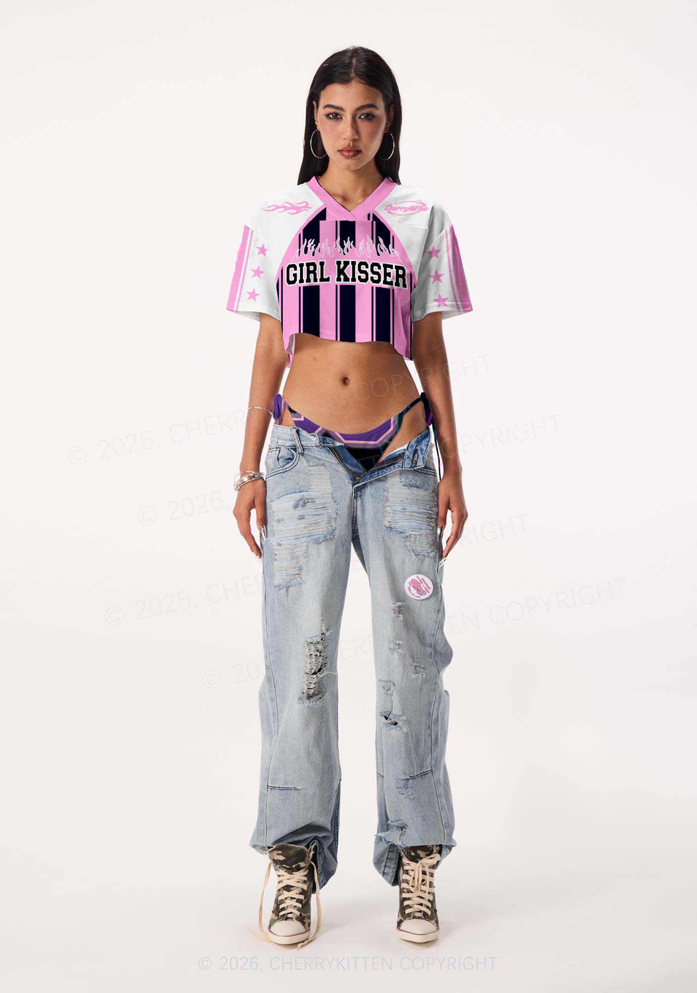 Girl Kisser Pink And Black Stripes Pride Y2K Crop Sport Jersey Shirts Cherrykitten