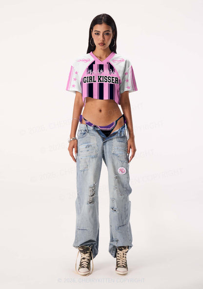 Girl Kisser Pink And Black Stripes Pride Y2K Crop Sport Jersey Shirts Cherrykitten