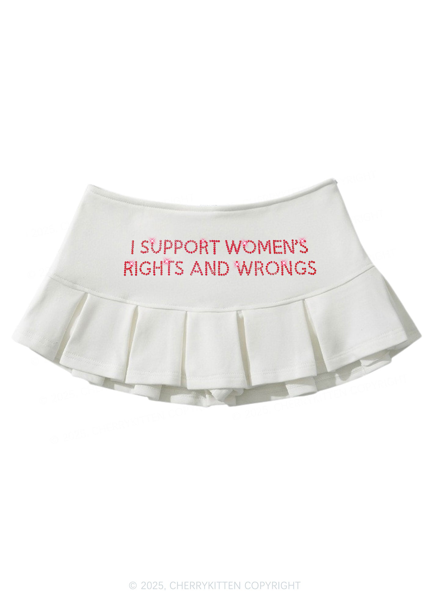 Rhinestone I Support Women Y2K Mini Pleated Skirts Cherrykitten