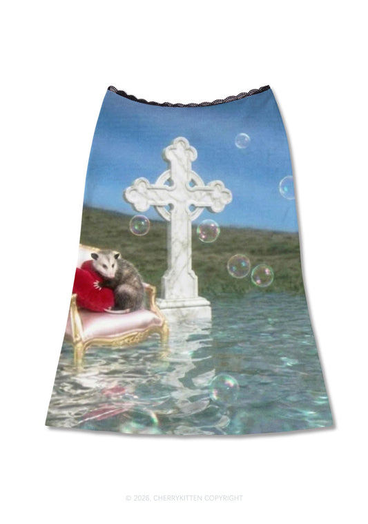 Cute Possum Bubble Y2K Print Midi Skirt Cherrykitten