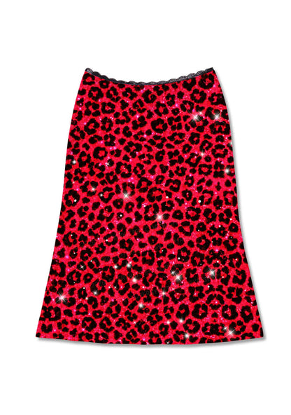 Bright Red Leopard Y2K Print Midi Skirt Cherrykitten