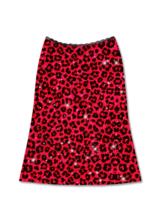 Bright Red Leopard Y2K Print Midi Skirt Cherrykitten