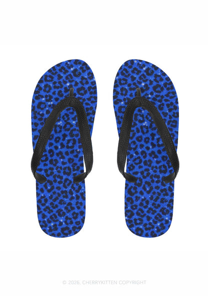 Royal Blue Leopard Y2K Print Flip Flops Cherrykitten
